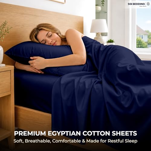 Image of SGI bedding 100% Egyptian Cotton Sheets Twin Size - 600 Thread Count Sheets Set, Soft, Cooling, 15 inch Deep Pocket, Luxury Hotel Bedding, Breathable, Durable - Navy Blue