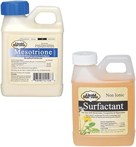 Liquid Harvest Mesotrione Bundle - 8 Ounces - Mesotrione Concentrate (Compare to Tenacity) - Pre and Post-Emergent Weed Killer for Lawn and Turf Grasses with 8oz Surfactant