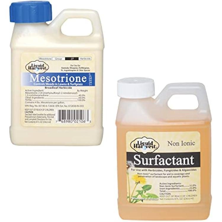 Liquid Harvest Surfactant 8 oz and Mesotrione 8 oz Bundle for Effective Lawn & Turf Grass Weed Control