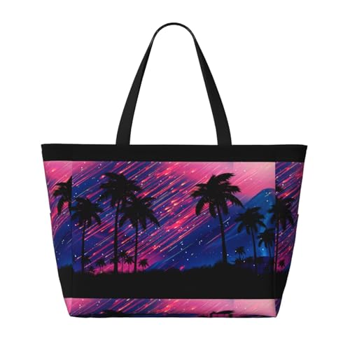 Palm Tree Shooting Star Print Large Beach Tote Bag for Women Extra Large Capacity Sandproof Waterproof Pool Bag Suitable for Swimming Pool Gym Groceries Travel2