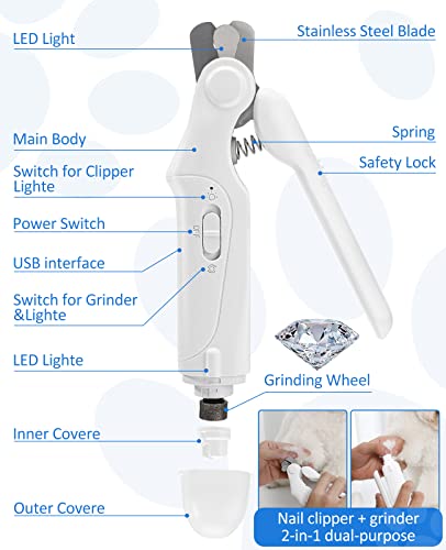 Uniwa Dog Nail Grinder With Trimmers 2-In-1, Upgraded Professional Pet Nail Clippers With Led Light,Super Quite Painless Paws Grooming Smoothing For Small, Medium,Large Dogs Cats(3 Size Ports) #TOP7