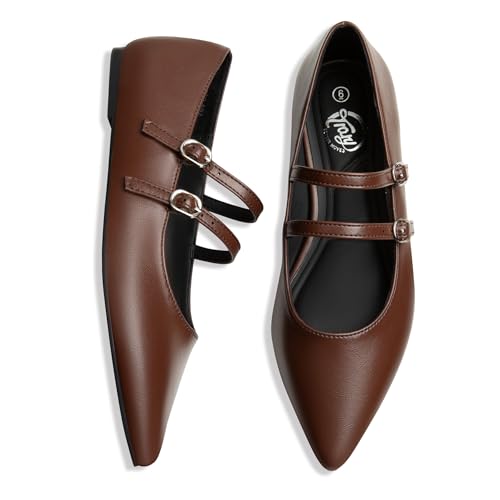 Trary Flats for Women Closed Pointed Toe Mary Jane Shoes Women Comfortable Slip on Ballet Flats Dressy Shoes Adjustable Strap PU Leather Mary Janes Loafers3