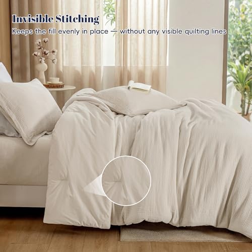 Image of PHF Cotton Muslin Comforter Set Queen - 100% Cotton Cover, Ultra Soft & Breathable, 3PCS Lightweight All-Season Bedding with Polyester Fill, 1 Comforter 90 inchx90 inch & 2 Pillow Shams 20 inchx26 inch, Natural