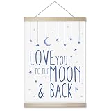 RZQIJ Love You To The Moon and Back Sign Hanging Wall Flags Canvas Banner 12x16 Inch - Moon and Stars Wall Decor Banner for Room, Bedroom - Nursery Room Decor - Poster Hanger Frame for Kids(011)