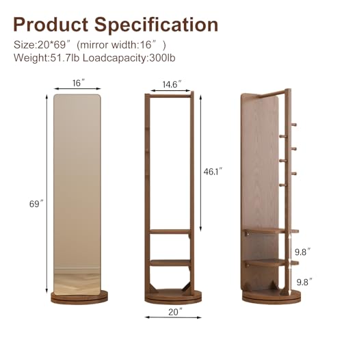 Image of WoodsWhisper Full Length Mirror Coat Rack Solid Wood Floor Mirror 70 inchx16 inch Full Length Mirror with Stand Long Mirrors for Bedroom,Living Room (Walnut, 70 inch L x 16 inch W)
