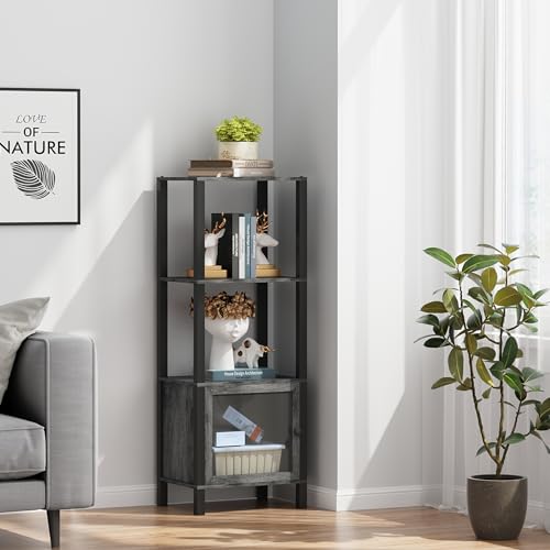 TUTOTAK 4 Tier Bookcase and Bookshelf, Narrow Book Shelf with Door for Small Space, for Living Room, Office, Study, Entryway, Charcoal Grey BS03BY004