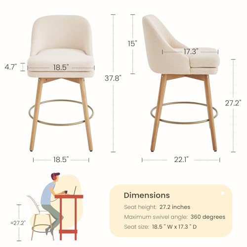 Image of kinmars Modern Bar Stools Set of 2,Swivel Counter Height Bar Stools with Soft Upholstered Back,Thick Seat,Wooden Legs, 27 inch Counter Stools for Kitchen Island (Sand, 2 Pieces - 27 inch Counter Height)