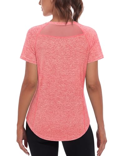 Wayleb Yoga Tops for Women UK Short Sleeve Crew Neck Lightweight Airy Mesh Back Sports Tops Workout Shirts Base Layer Sun Protection T Shirts for Summer Pink S-XXL