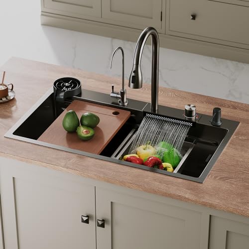 SIRHONA Évier de Cuisine Multifonctionnel Cascade, Évier de Cuisine en Acier Inoxydable Nano Noir Avec Robinet de Poisson Volant Rétractable, Fonctionnement Silencieux(80x45 cm)