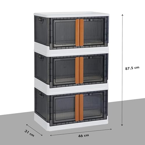 Image of ALOXE Plastic Cupboard for Bedroom & Storage | Stackable Organizer with Front Doors | Compact Multipurpose Cabinet for Clothes, Toys & Essentials | 3 Tier