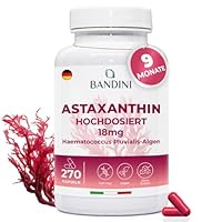 Bandini® Pure Astaxanthin 18 mg pro Kapsel, 270 Kapseln, 9 Monate Vorrat (1 Kapsel pro Tag), Alge Haematococcus Pluvialis - Natürliches Astaxanthin, frei von Magnesiumstearat, GMO-frei