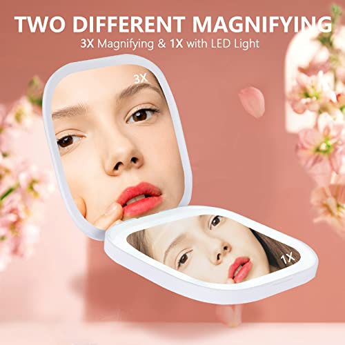 Tanshine Travel Makeup Mirror With Natural Led Lights, 1X/3X Magnification, Compact, Portable, Dimmable Rechargeable Mirror, Handheld Illuminated Folding Mirror For Purse, Handbag, Pocket, White #TOP1
