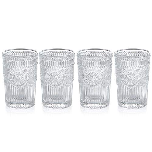 Image of MDLUU Embossed Water Glasses, Romantic Glassware, Vintage Drinking Glasses, Glass Tumblers for Juice, Beverages, Cocktail, Capacity 12.5oz /370ml, Set of 4