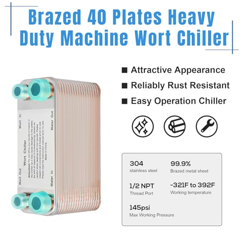 Image of Wort Chiller, 40 Plate Stainless Steel Brazed Plate Heat Exchanger, 1 /2 NPT & 3 /4 NPT Thread Plate Wort Chiller for Homebrew, Beer Brewing Chiller Wort Cooler -7.5 inch x 3.8 inch