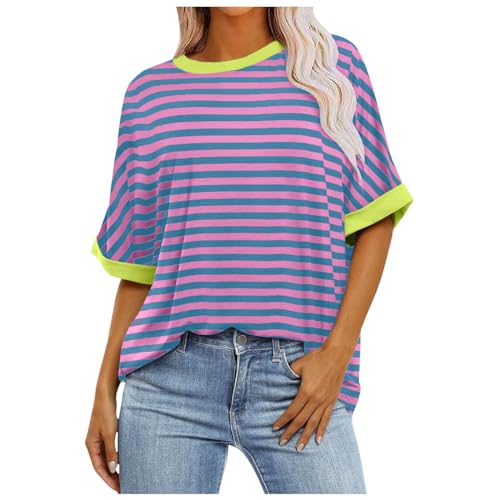 Women's Summer Casual Crew Neck Loose T-Shirt Striped Colour Gradient Printed Cuffs Short Sleeve T-Shirt Top, pink, XL