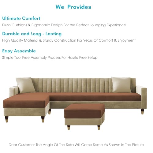 Image of Casaliving Garcia LHS 8 Seater L Shape Sofa Set with Ottoman & 2 Puffy for Living Room (Cream Brown Colour) Premium Fabric Sofa Set