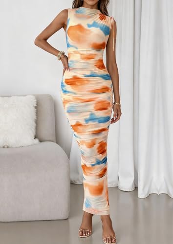 Image of PRETTYGARDEN Women's Summer Maxi Dresses Ruched Bodycon Split Long Dress