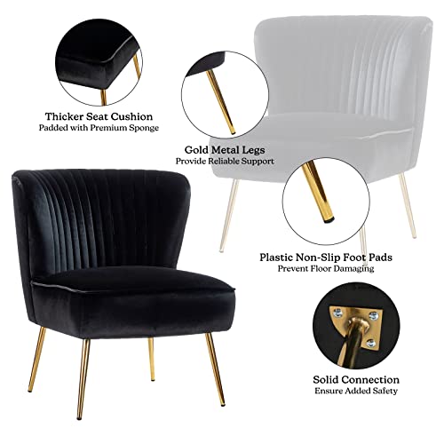 Hulala Home Velvet Accent Chair, Modern Upholstered Cute Side Chair With Gold Metal Legs, Armless Wingback Slipper Chair Comfy Living Room Chair For Bedroom Guest Room Vanity, Black #TOP3