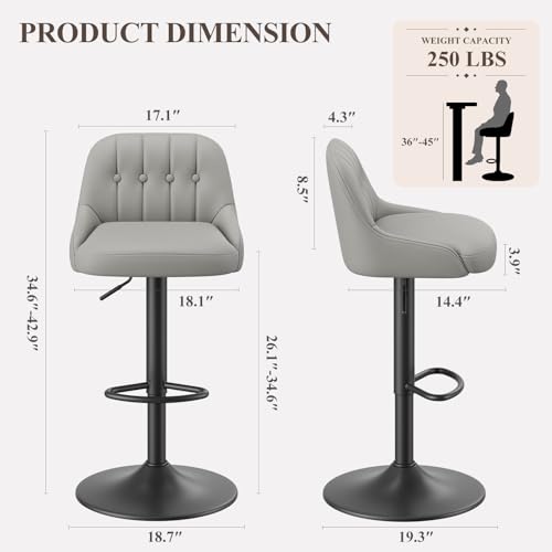 Image of MALOL Bar Stools Set of 2, Swivel Bar Chairs, Modern Adjustable PU Leather Upholstered Barstools Counter Height with Tufted Back for Bar, Kitchen Counter Island, Dining Room, Grey