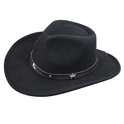 Classic Cowboy Hat for Women and Men Western Style Wide Brim Fedora Hat with Strap (Size:7 1/8-7 1/4)