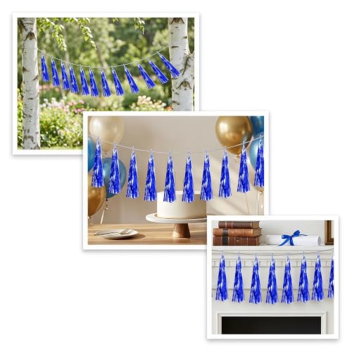 Image of 4P Blue Foil Fringe Metallic Tassel Streamers Banner Tassel Garland for Parade Floats, Bachelorette, Wedding, Birthday, Halloween, Christmas, Bridal /Baby Shower Party Decorations