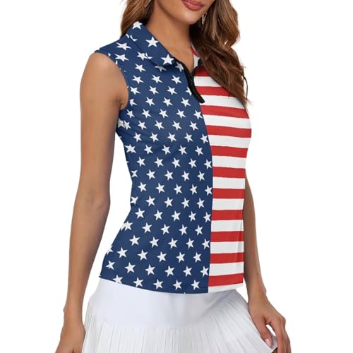 Suhoaziia American Flag Sleeveless Golf Polo Shirts for Women Racerback Zip Collared Tennis Tshirt Summer Golf Tank Tops Sun Protection Quick Dry Sports Workout Pullover 4th of July Outfits