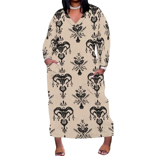 EQQZD Plus Size Dresses for Curvy Women V Neck Long Sleeve Maxi Dress with Pockets African Attire for Women Boho Ethnic Pattern Kaftan Gown XL-6XL