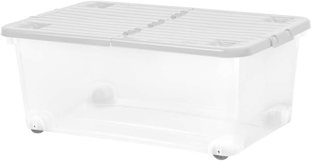 Keto Plastics PACK OF 3 CLEAR STORAGE BOX 45L WITH WHEELS AND GREY FOLDING LID WHAM HEAVY DUTY BOX