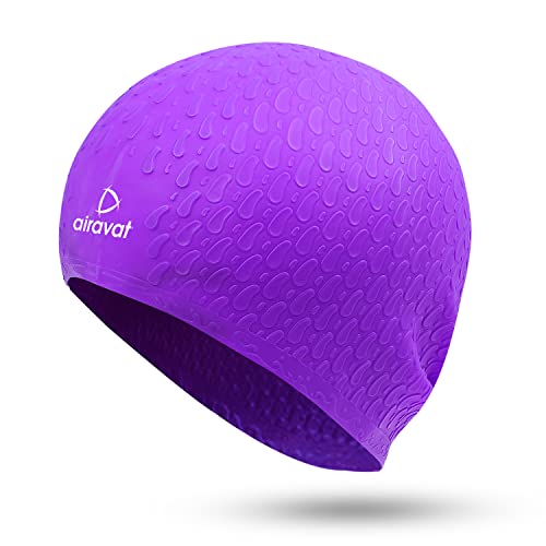 Image of Airavat Swim Bubble Cap, Silicone Swim Cap, Comfortable Bathing Cap Ideal for Curly Short Medium Long Hair, Swimming Cap for Women and Men (Purple)