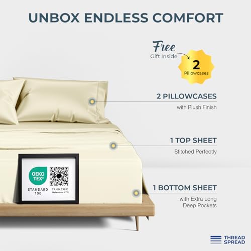 Image of THREAD SPREAD 100% Egyptian Cotton Sheets Queen Size - Luxury 1500 Series Queen Sheet Set Egyptian Cotton (4 PC, Ivory), Silky Soft, Sateen Weave, Cooling & Breathable, 17 inch Deep Pocket Bed Set