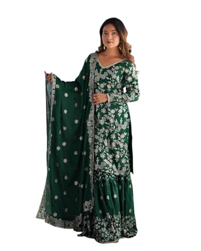 DONE WITH LOVE Women's Chinon Silk Embroidery Sequence Work Straight Kurti With Sharara Suit and Dupatta Set (Green-XXL)