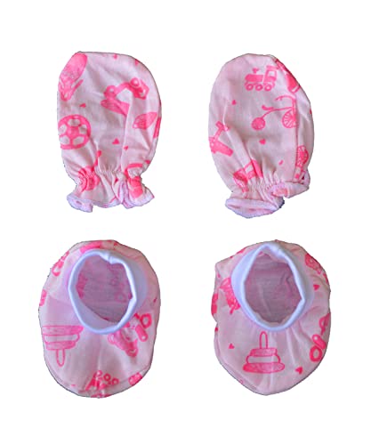 Image of New Born Baby Itch Free Feel Free Printed 100% Cotton Monkey Cap (Pack Of 10) Boot And Glows Set Combo (Set Of 5,0To3 Months),Assorted