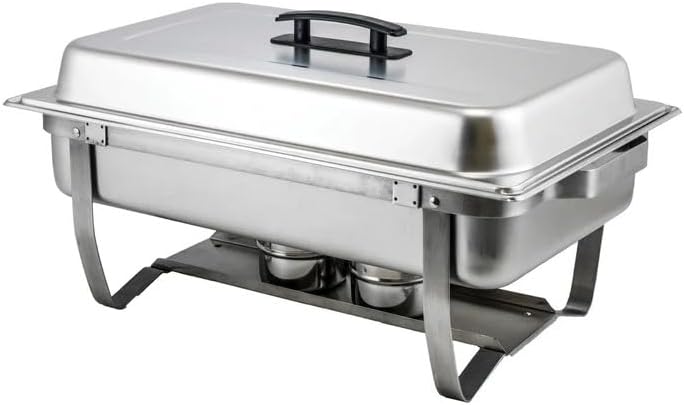 Commercial Stainless Steel Chafer, Folding Stand Design, 8 Quart Full Size Chafer with Water Pan, Food Pan, Frame, Cover, and Two Fuel Holders