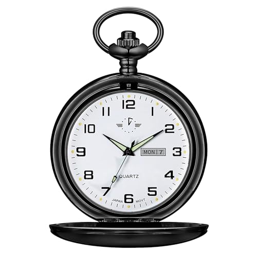 BOSHIYA Smooth Quartz Pocket Watches for Men Black Classic Arabic Digital Luminous Dial & Day Date Pocket Watch with Chain Christmas Graduation Birthday Gifts