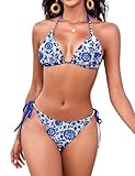 FemiChic Traje de Baño 2 Piezas Sexy Push Up con Relleno Conjuntos de Bikini Correas Laterales Braga de Bikini para Playa y Piscina(Azul Blanco,XS)