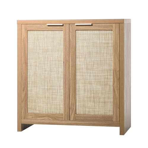 OIKITURE Buffet Sideboard w/2 Doors, Rattan Storage Cabinet Cupboard with Alloy Handles, Anti Tipping Kit, Kitchen Hallway Table for Dining Room, Living Room, Entryway, 78.8x35x82.5cm, Natural