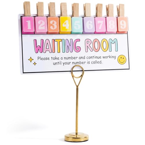 KACIOLA STUDIO Teacher Classroom Management Tools, Waiting Room Sign with Wooden Number Clips, Teacher's Helper Waiting Room Poster, Please Take a Number Classroom Poster for Student Management