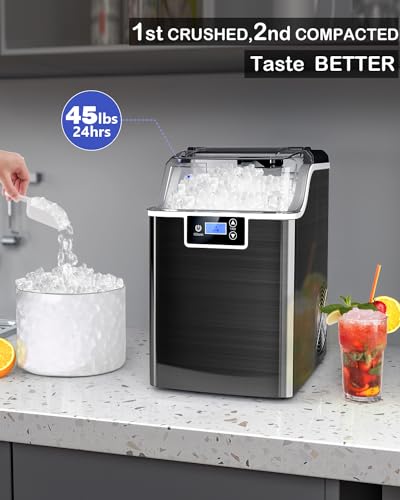 Kndko Nugget Ice Makers Countertop,45lbs/Day,Countertop Ice Maker Crushed Ice,24H Timer,3.3 Pounds Basket,Self Cleaning Ice Maker,Pellet Ice Maker for Home Bar Party,Stainless Steel Ice Machine