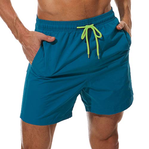 SILKWORLD Men's Swim Trunks Quick Dry Beach Shorts with Pockets (US L, 2g_Peacock Blue)