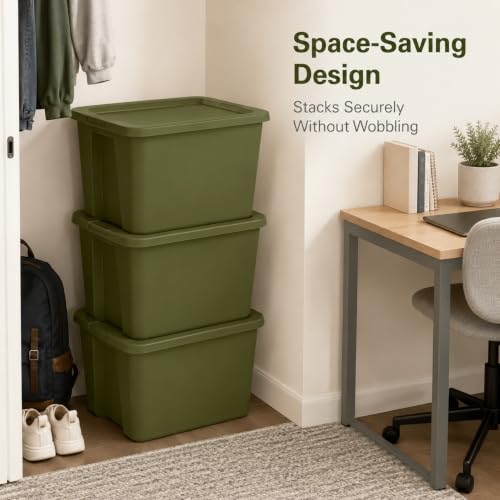Image of 18 Gal Stackable Storage Tote with Lid, Plastic Container, Olive Green