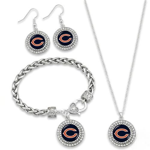 Game Day Outfitters Chicago Bears Jewelry Set for Women - Silver Plated Necklace, Drop Earrings, and Charm Bracelet - Official Team Colors and NFL Logo Jewelry 3-Piece Gift Set