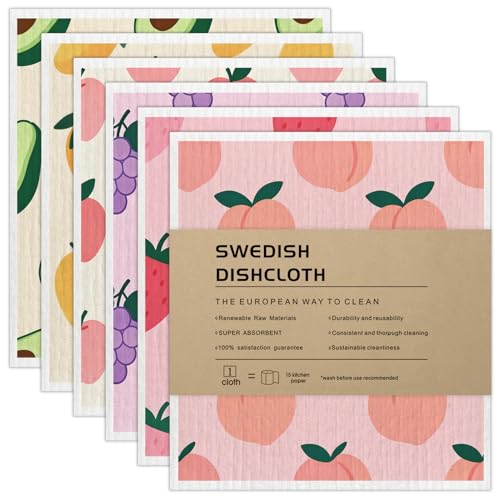AlGuirnex Swedish Dishcloth 6 Pack - Super Absorbent Reusable Dish Cloths, Biodegradable Compostable Cleaning Cloth, Food-safe Plastic-free Dishcloths for Dishes, Surfaces (Fruit)