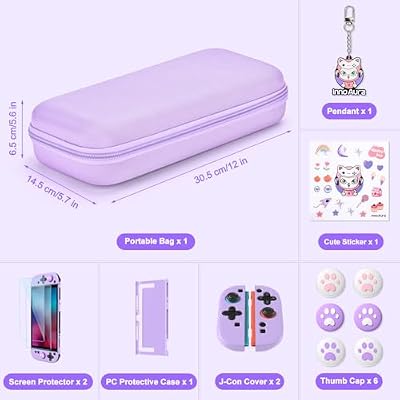 innoAura Switch 2 Case 14-in-1 Bundle for NS Switch 2 (2025), with Carrying Case, Protective Cover, Thumb Grips, Screen Protector, Cute Pendant and Sticker, Purple