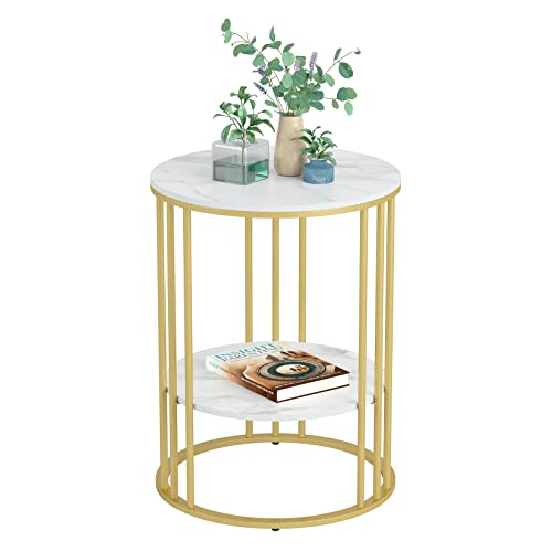 Wisfor Sintered Stone End Table: 2 Tier Round White Sofa Side Table - Small Coffee Table With Golden Frame - Modern Bedside Nightstand For Living Room Bedroom #TOP10