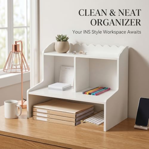 Organizador de escritorio de madera blanco con compartimentos abiertos mini estantería 5