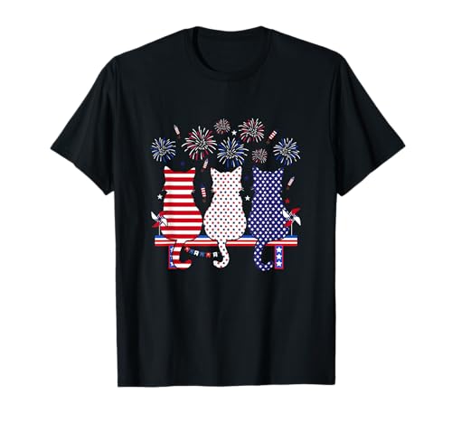 Red Blue White Three Cute Cats 4th of July US Flag Lover T-Shirt