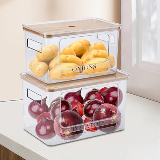 Potato and Onion Storage Bin Set,Clear Stackable Fruit and Vegetable Storage Box with Lid&Handle,Onion Potato Holder Storage Containers,Turdy and Durable Storage Basket For Garlic, Produc