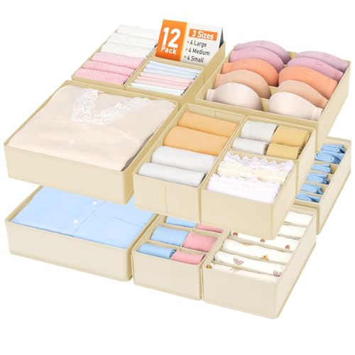 joyoldelf Organizer per Cassetti - Confezione da 12, Per Biancheria Intima, Calzini e Reggiseni, Contenitore Pieghevole per Indumenti, per Riporre Biancheria Intima, per Organizzare l'Armadio (Beige)