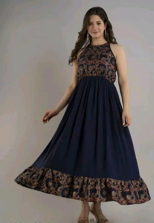 Image of Women's Embroidered Anarkali Maxi Dress | Sleeveless Ethnic Gown with Floral Print | Party Long Flared Dress for Women & Girls
