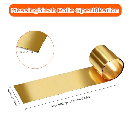 Messingblech, Metallfolie Messingplatten 1000×50×0.3mm, Messingband zum Bastel, Messingblechrolle, Messingfolie Blech Messingblech Streifen für DIY-Projekte Schneiden (Messing1M)